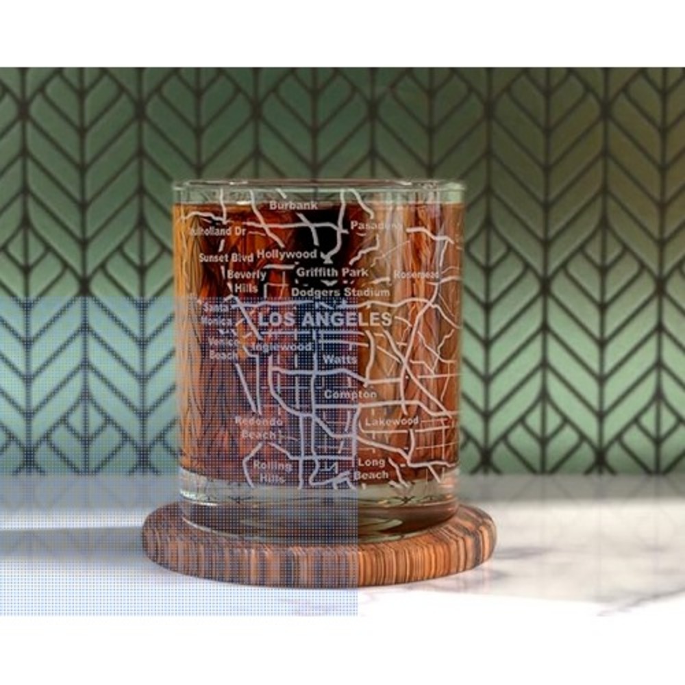 Cocktail Low Ball Glasses Whiskey Tumblers Set Etched Los Angeles LA City Map
